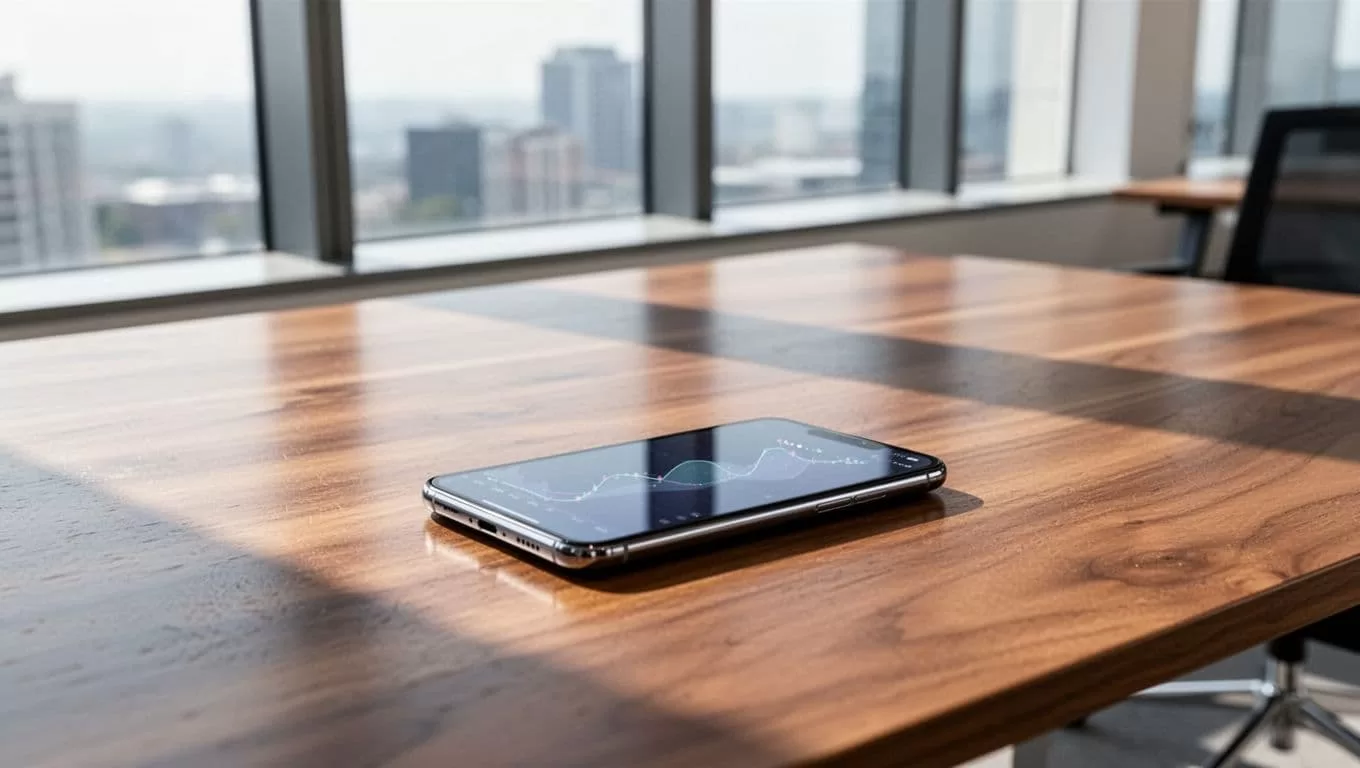 A smartphone on a wooden desk below a bold green money transfer banner.