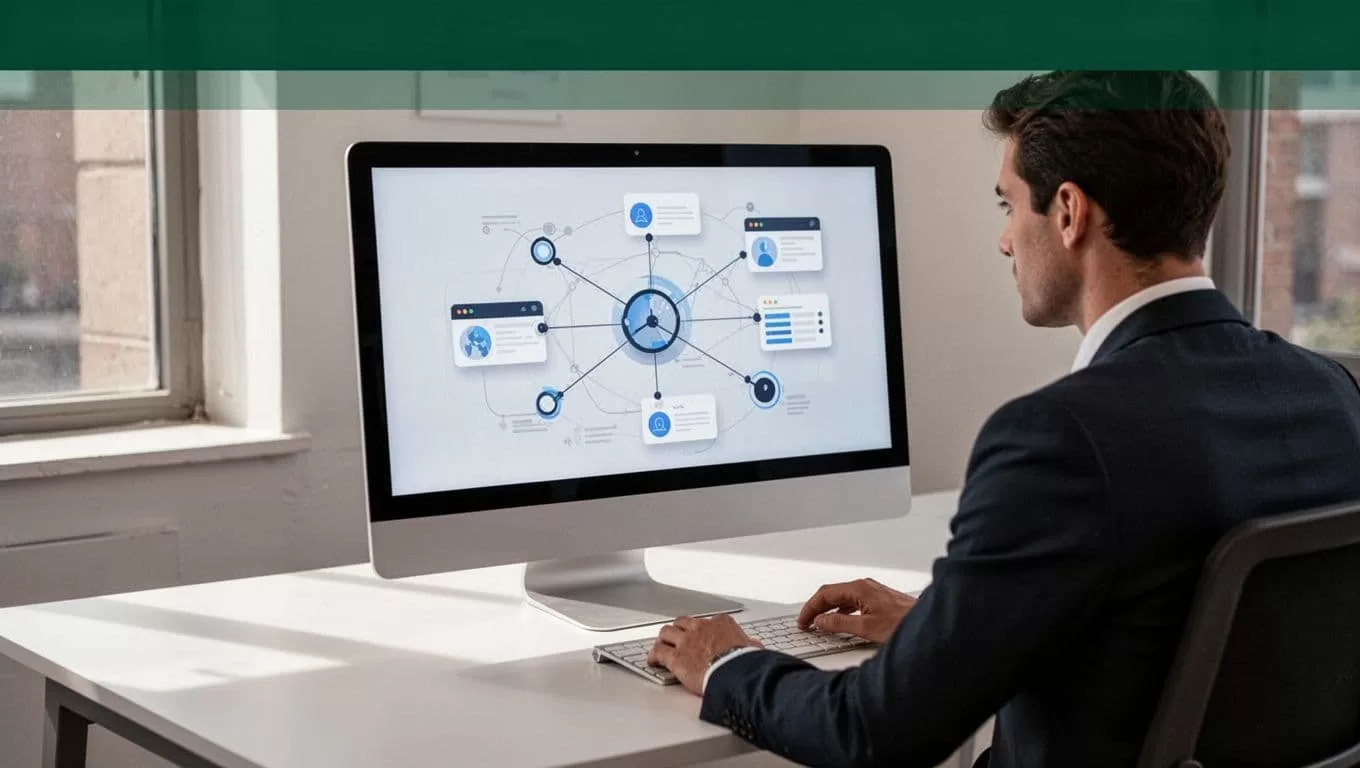 A computer screen showing workflow software nodes and candidate records under a green banner.