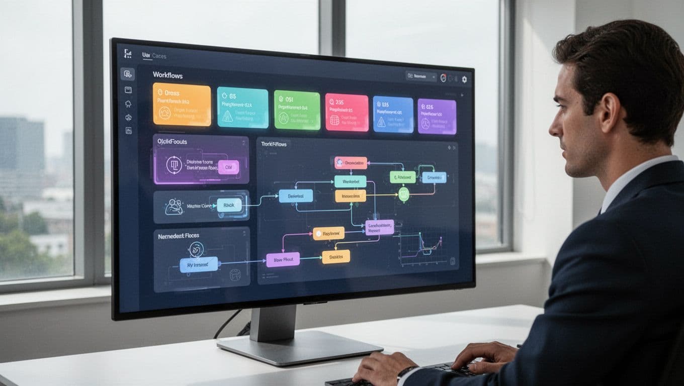 A professional using an insurance workflow automation software dashboard on a computer screen.