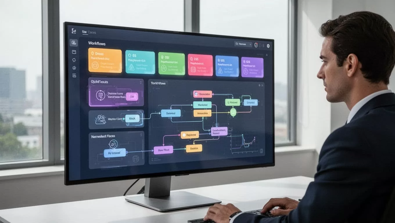 A professional using an insurance workflow automation software dashboard on a computer screen.