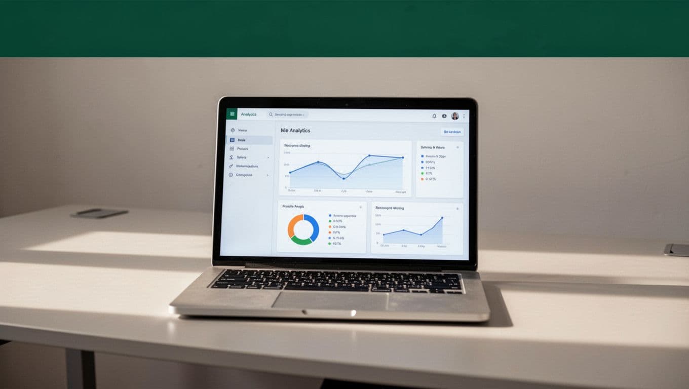 A laptop showing an analytics dashboard sits on a clean desk below a dark green headline banner.
