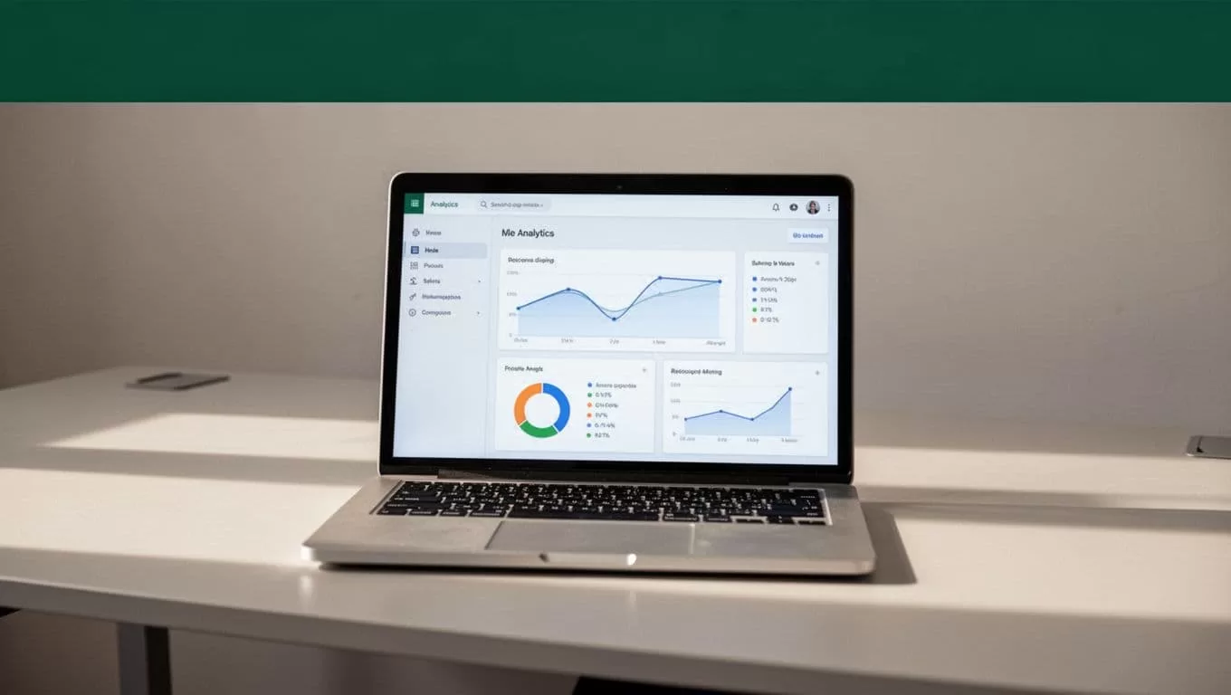 A laptop showing an analytics dashboard sits on a clean desk below a dark green headline banner.
