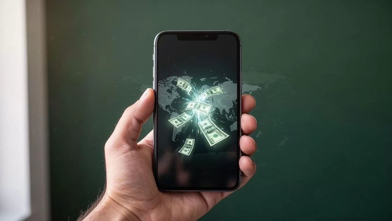 A minimalist graphic of a mobile phone transferring funds internationally with a headline banner.