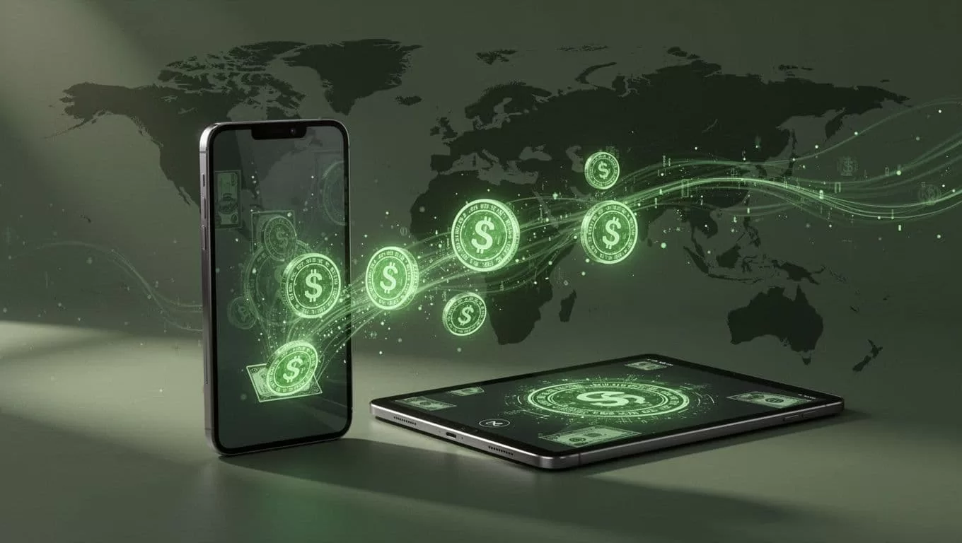 An editorial style graphic illustrating a digital currency transfer with a dark green theme.