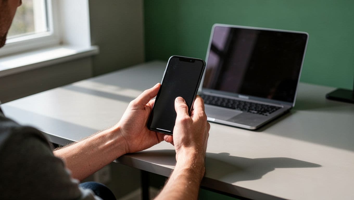 A person holds a phone showing an international money transfer app beside a modern desk.