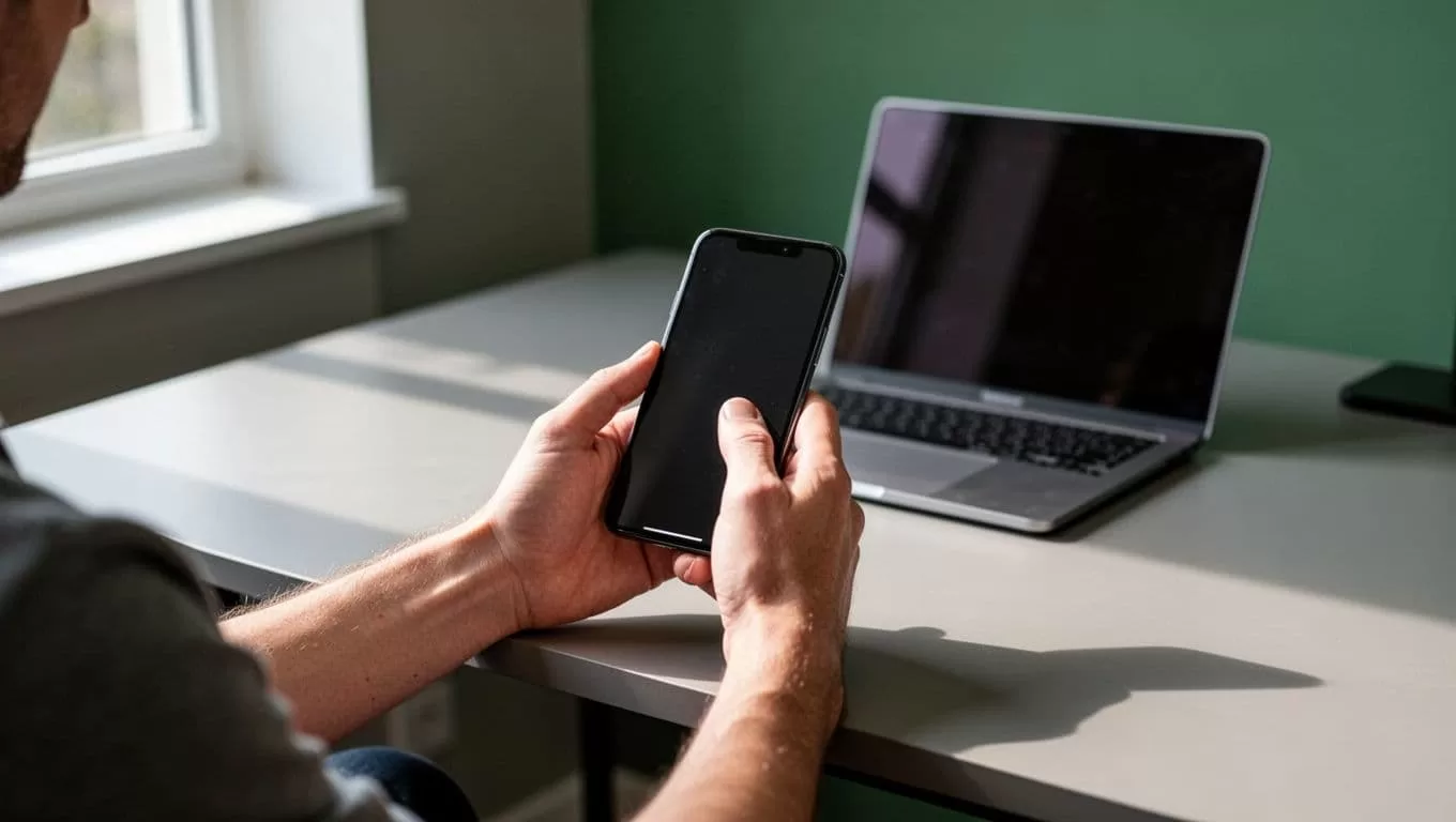 A person holds a phone showing an international money transfer app beside a modern desk.