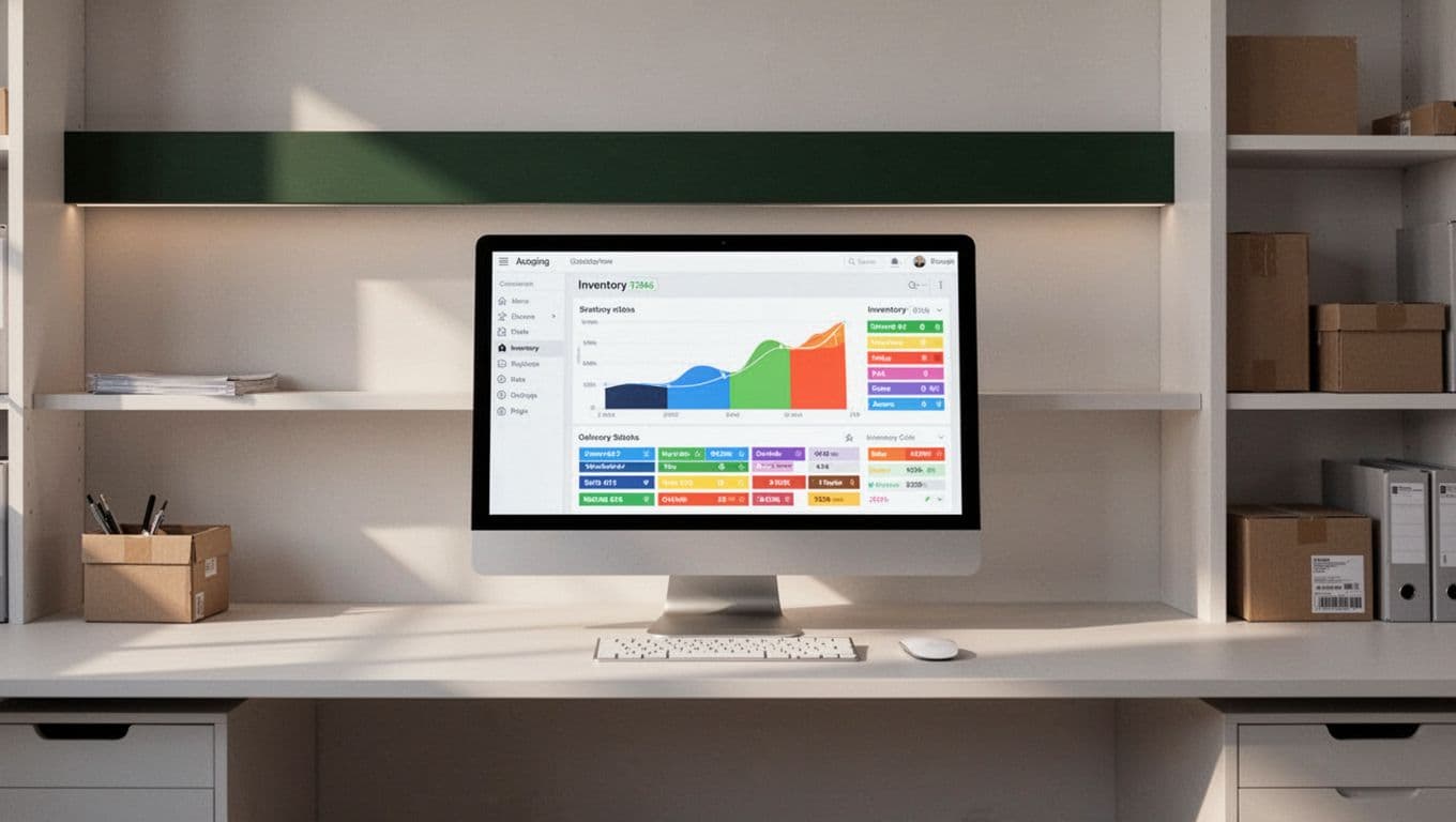 Minimalist warehouse workspace with a computer showing inventory status graphs and a dark-green header.