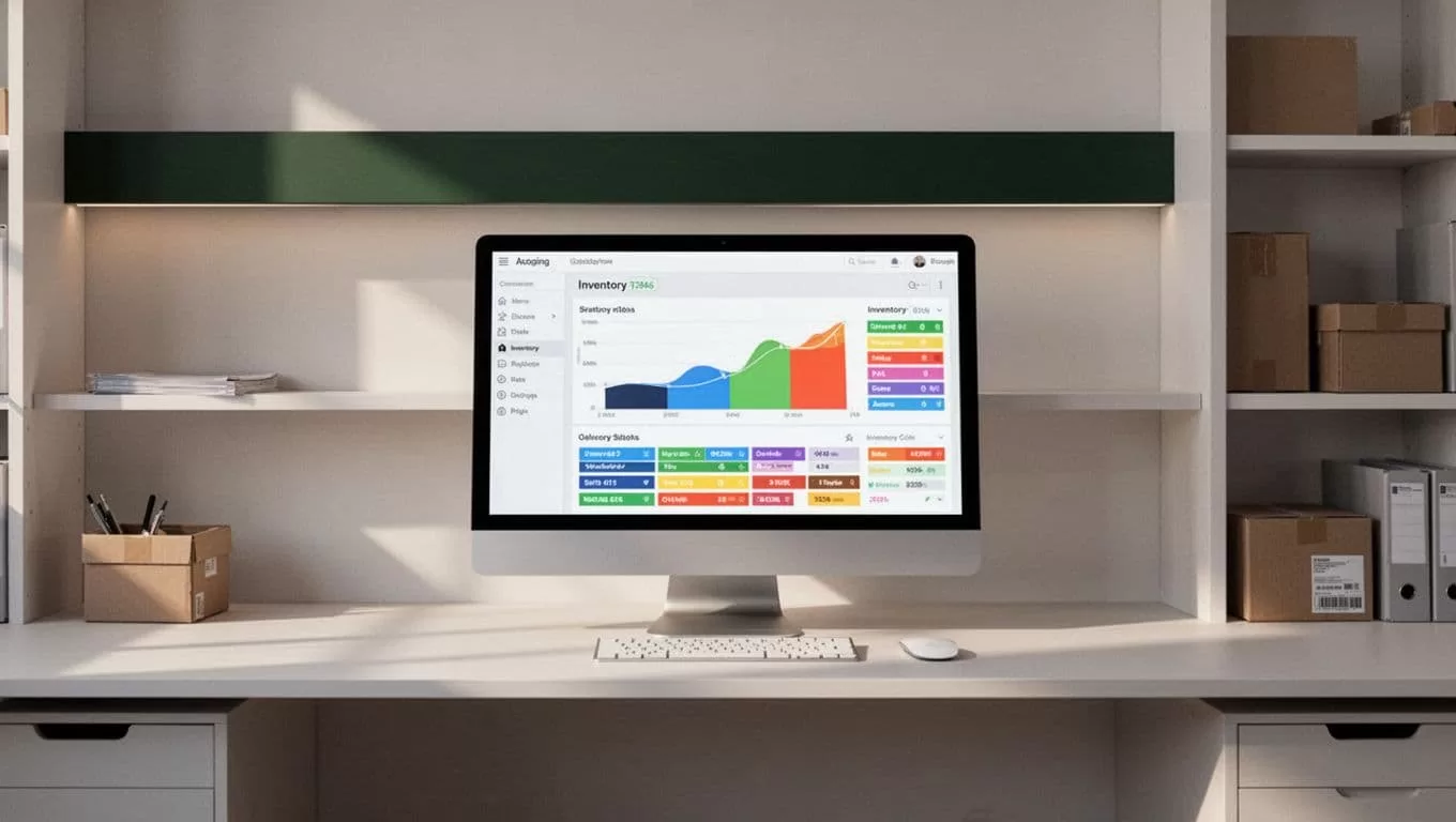 Minimalist warehouse workspace with a computer showing inventory status graphs and a dark-green header.