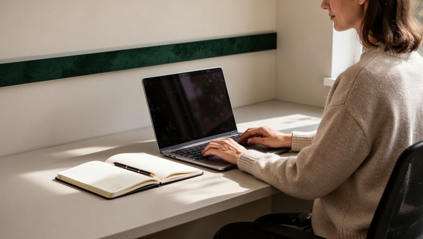 One person organizes a laptop and notebook on a minimalist desk beneath a dark-green workflow banner.