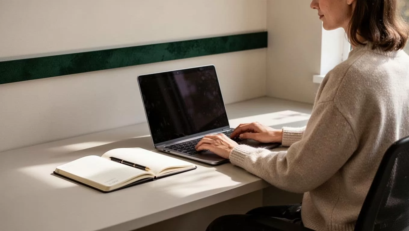 One person organizes a laptop and notebook on a minimalist desk beneath a dark-green workflow banner.
