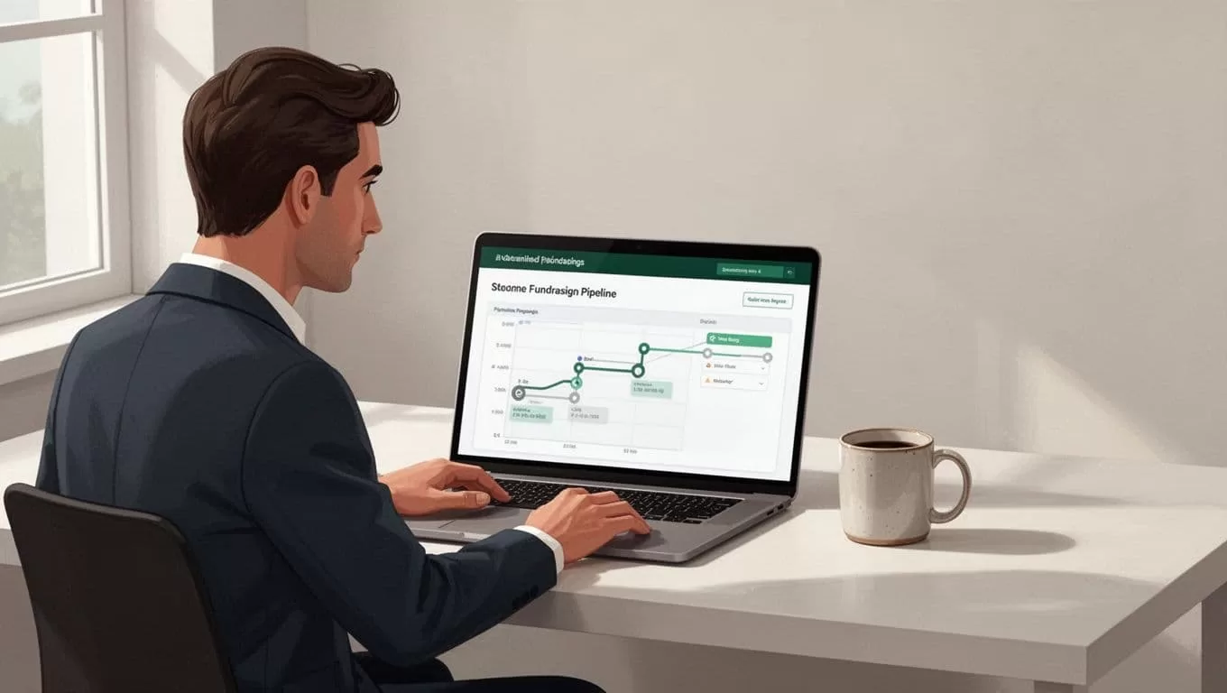 An editorial flat illustration of a founder reviewing a fundraising dashboard on a laptop.