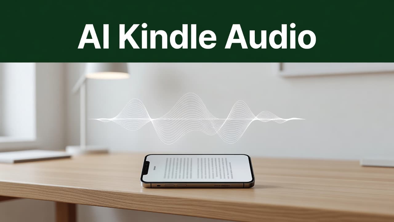 A smartphone screen shows a book page accompanied by a digital sound wave graphic in a professional office.