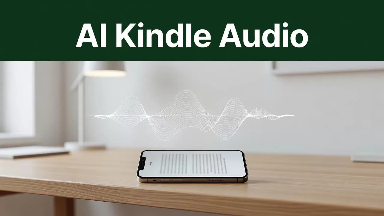 A smartphone screen shows a book page accompanied by a digital sound wave graphic in a professional office.