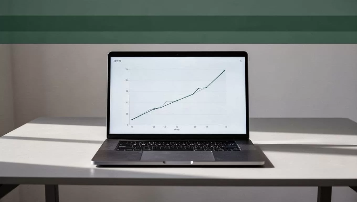 A laptop on a clean desk shows a data graph under a professional heading about testing messaging.