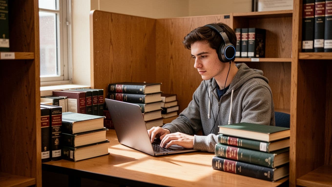 A student wearing headphones reads legal books while using a laptop in a quiet library.