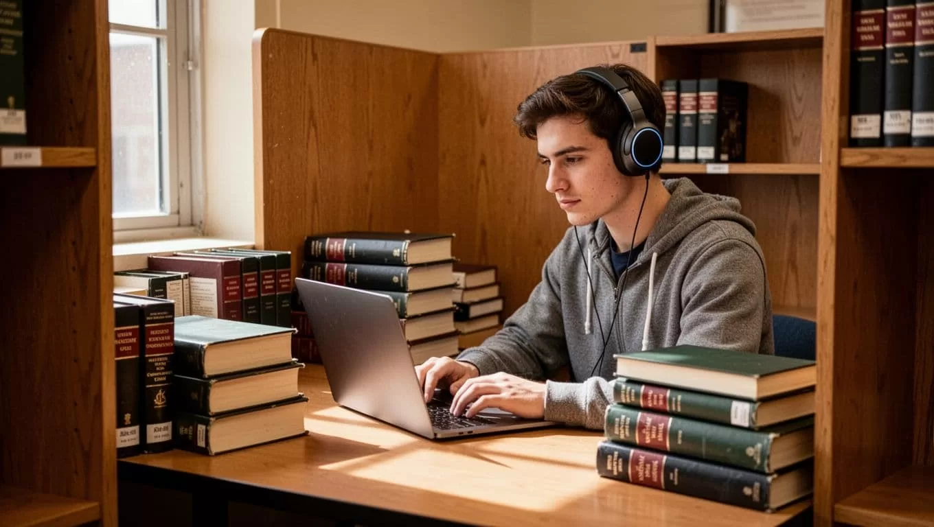 A student wearing headphones reads legal books while using a laptop in a quiet library.