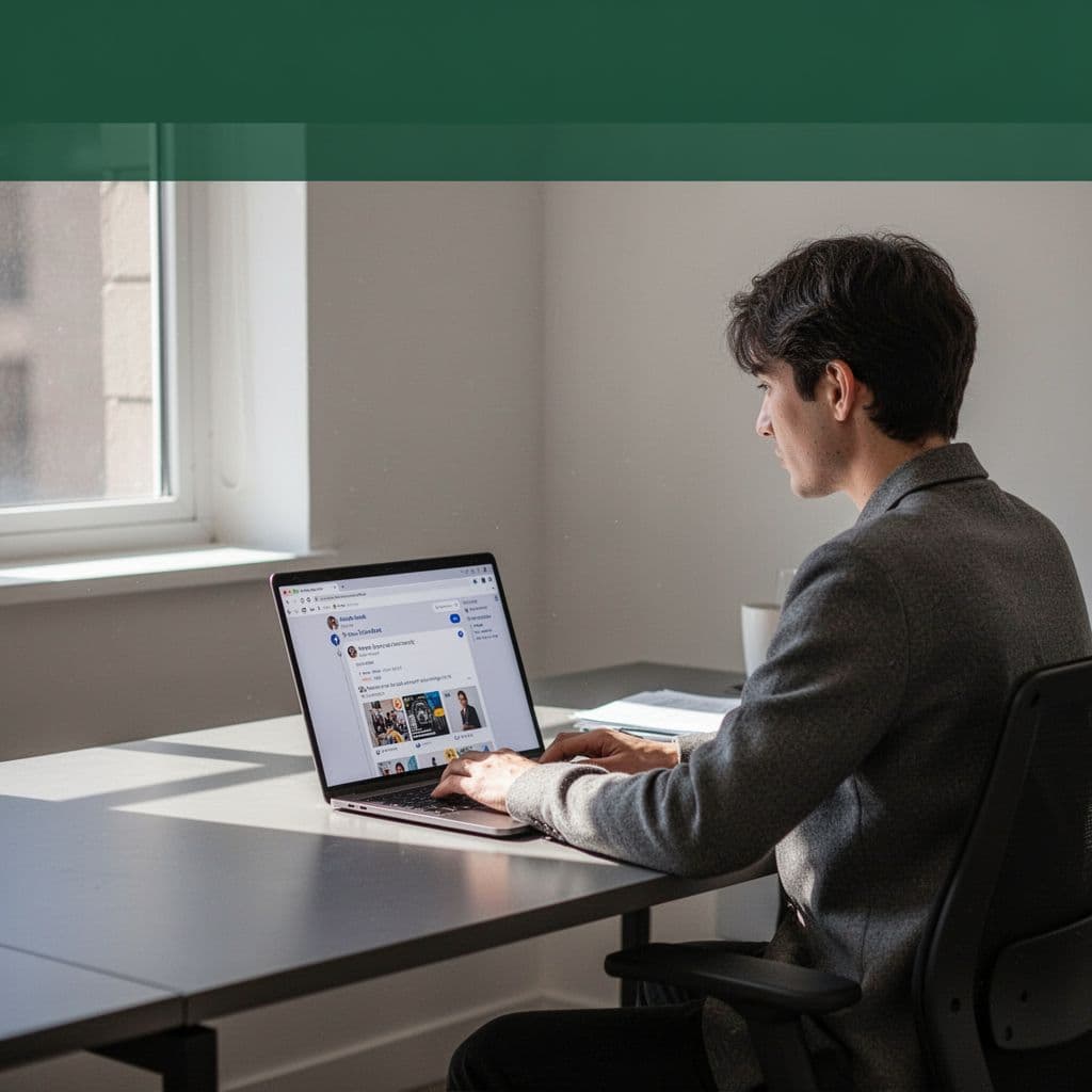 A person works on a laptop in a minimalist office under soft lighting. A prominent dark green banner at the top features bold white text labeling the process as LinkedIn Automation.