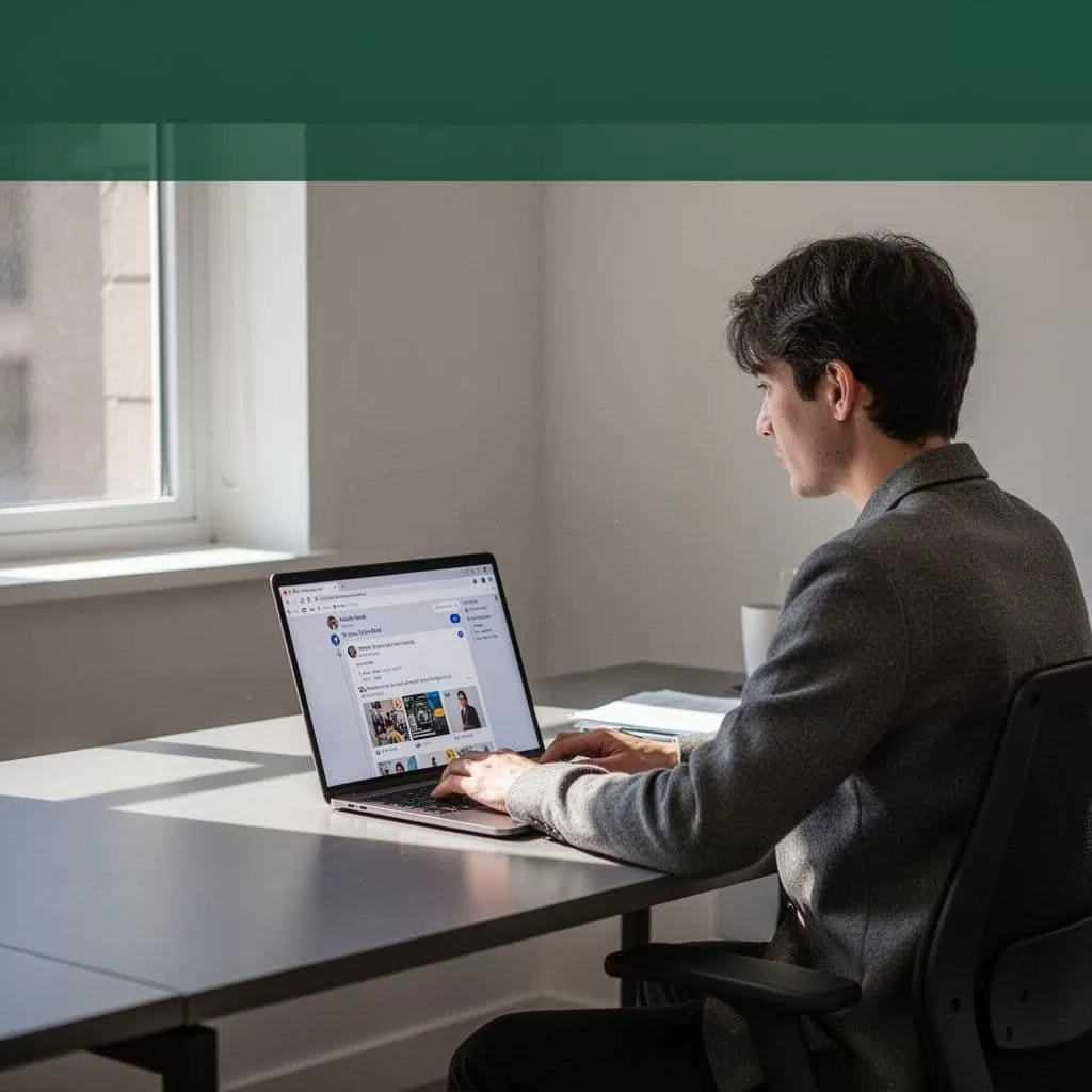 A person works on a laptop in a minimalist office under soft lighting. A prominent dark green banner at the top features bold white text labeling the process as LinkedIn Automation.