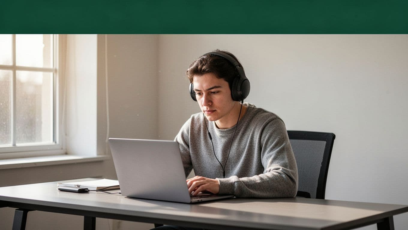A focused individual wearing professional headphones sits at a sleek desk using a laptop. A bold green header bar spans the top of the frame, highlighting the article listening experience.