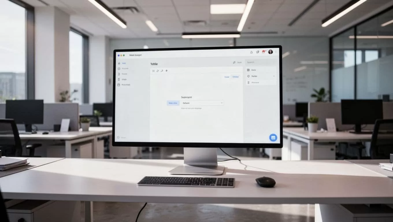 A computer monitor shows a web editor interface inside a clean and organized modern professional office space.