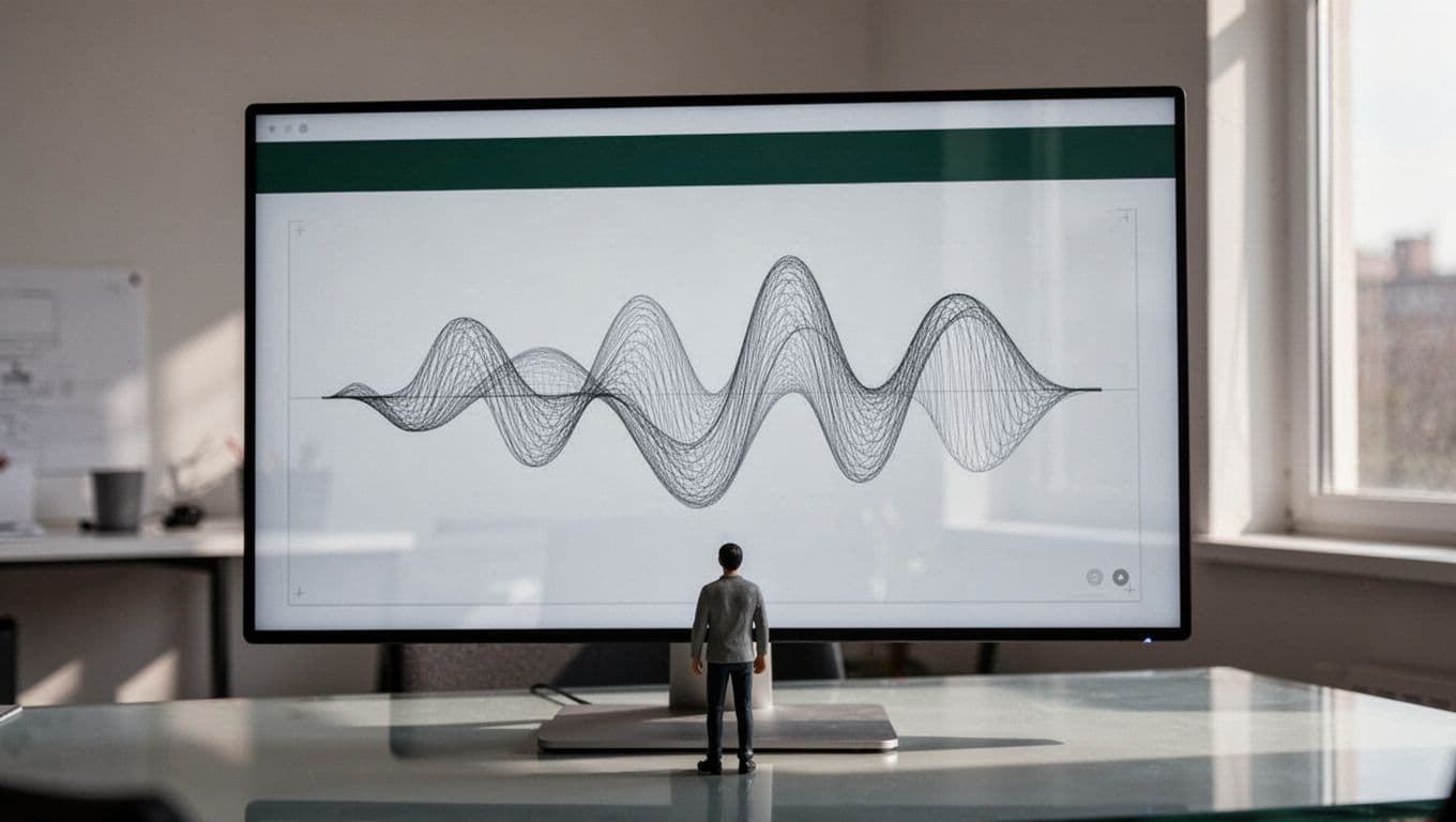 A minimal tech wireframe displays a soundwave graphic and a tiny silhouette for scale.