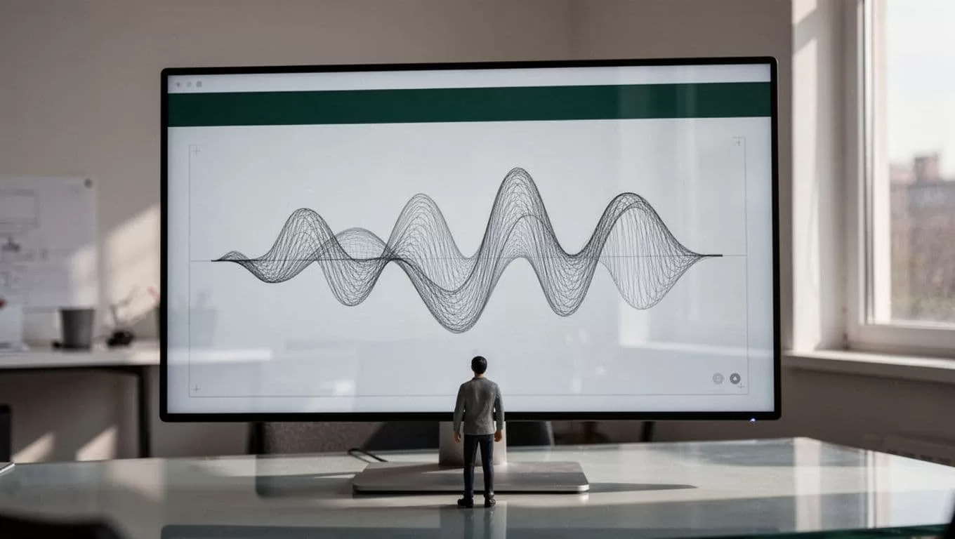 A minimal tech wireframe displays a soundwave graphic and a tiny silhouette for scale.