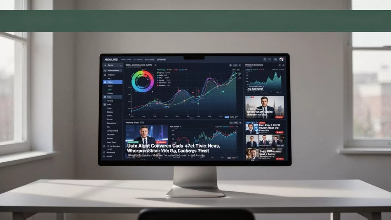 A computer monitor showing data feeds beneath a headline band reading Scrape News.