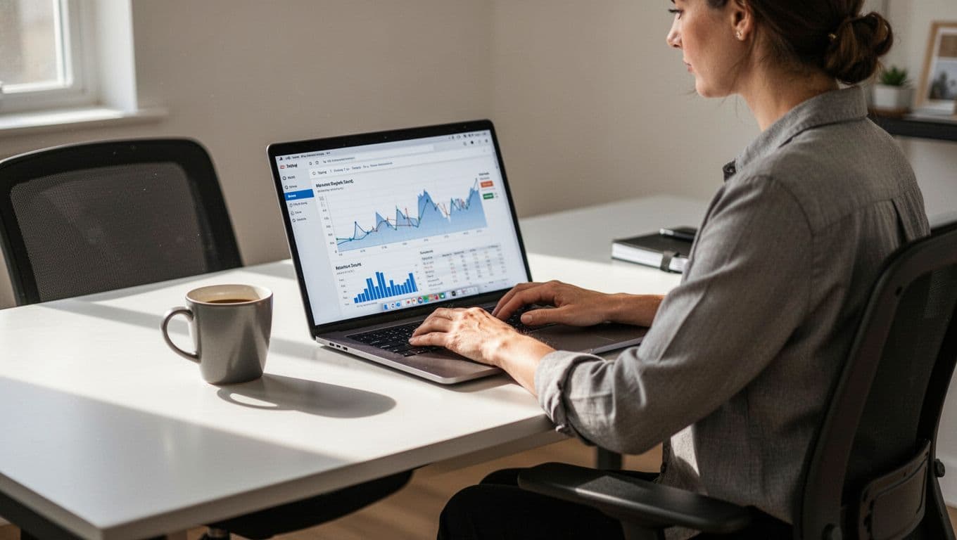 A marketing professional analyzes data on a laptop at a clean office desk.