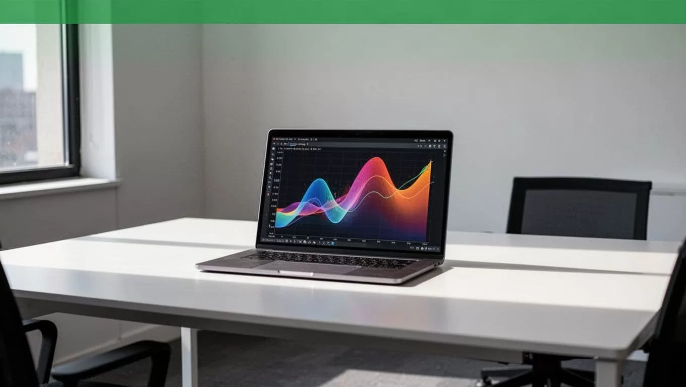 A clean office desk with a laptop displaying data graphs under a bright green header.