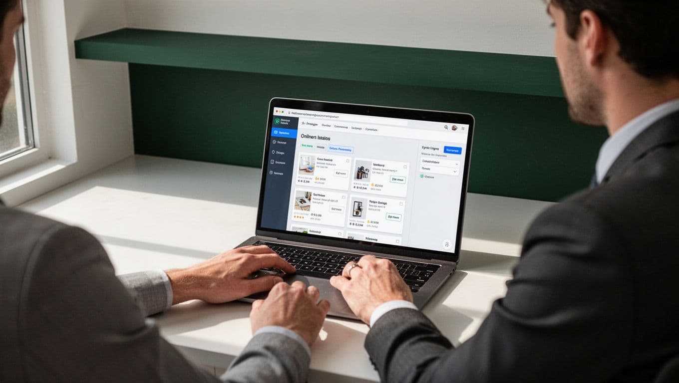 One person works beside a laptop showing a marketplace listing workflow.