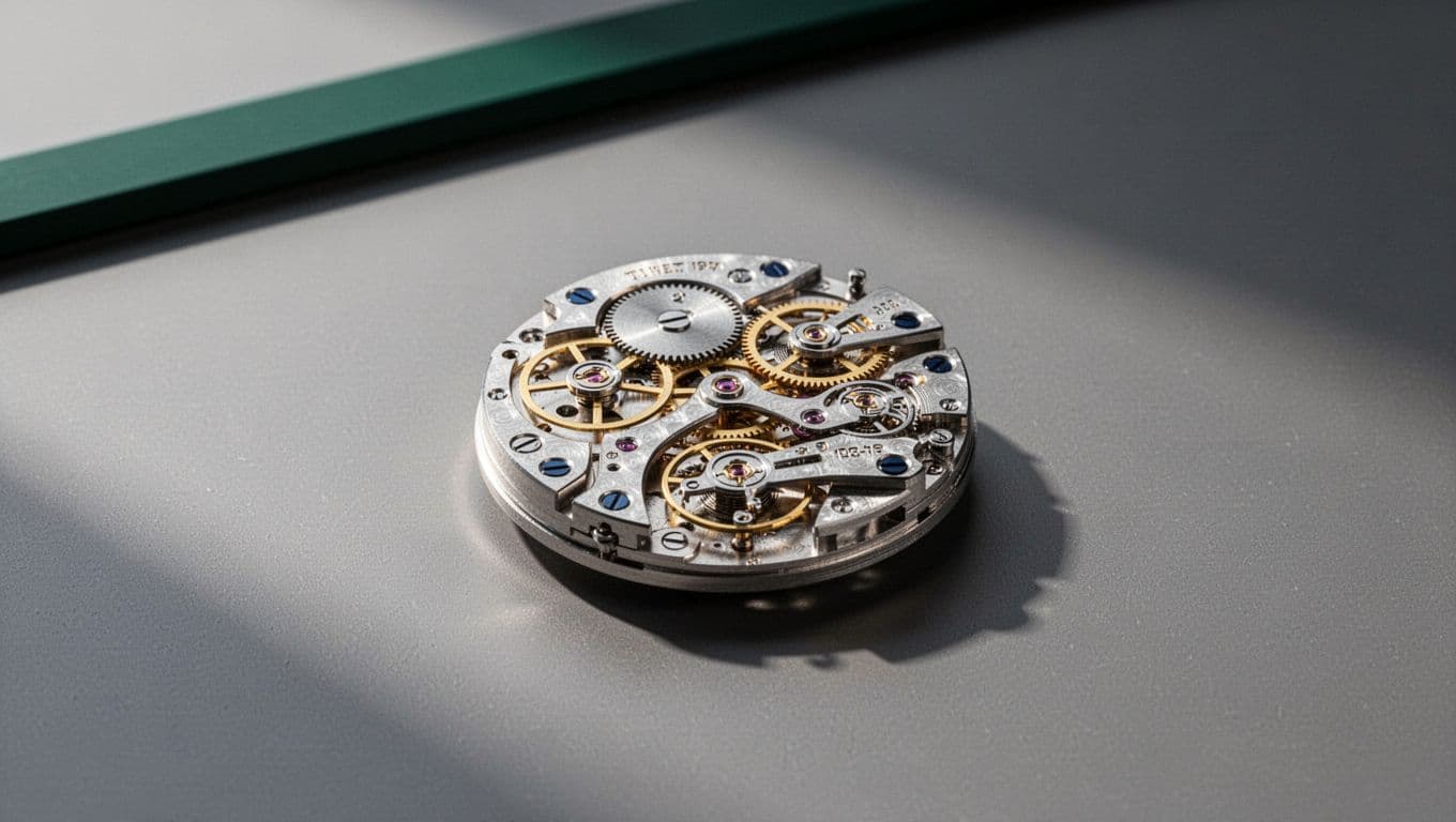 A complex mechanical watch movement rests on a flat surface below a wide dark green horizontal bar. The top section features bold white text centered against the deep forest green background.