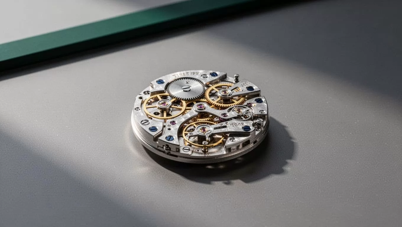 A complex mechanical watch movement rests on a flat surface below a wide dark green horizontal bar. The top section features bold white text centered against the deep forest green background.