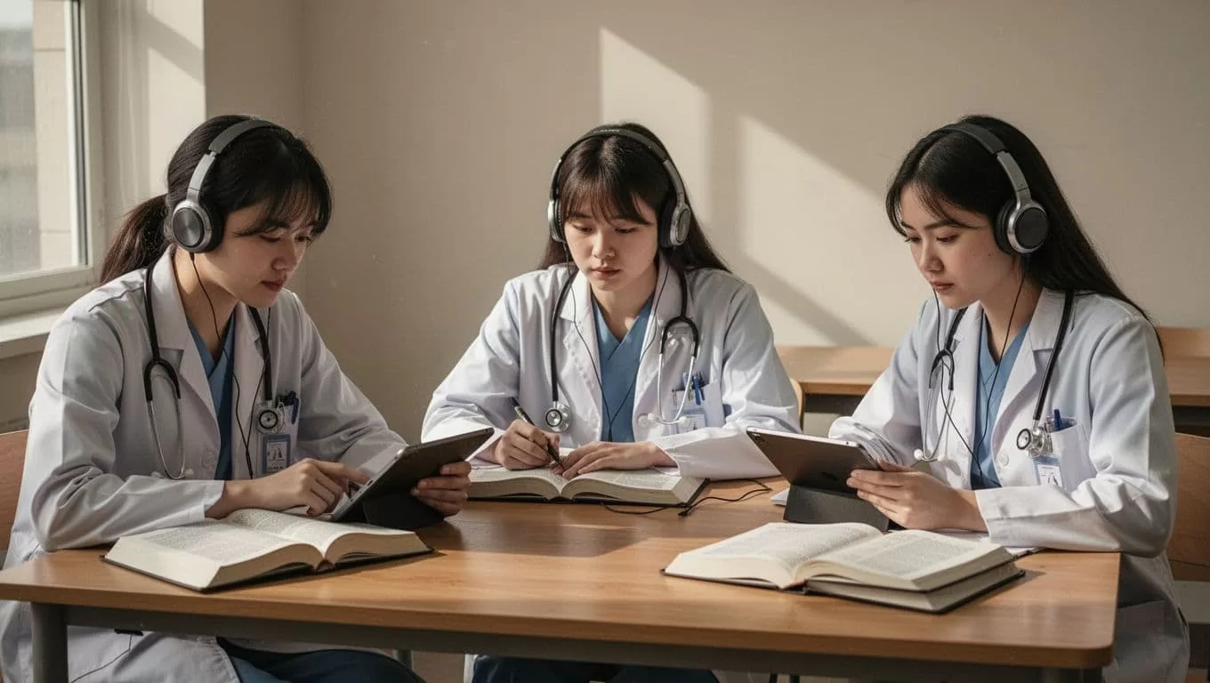 Three medical students review textbooks and digital tablets while studying together at a desk.