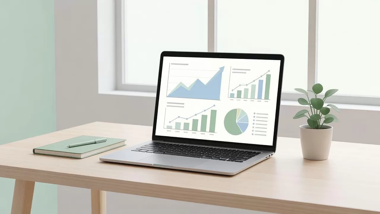 A minimalist workspace features a laptop screen displaying colorful rising bar charts and growth trends. The bright office setup uses soft pastel tones to represent professional data tracking and member performance.