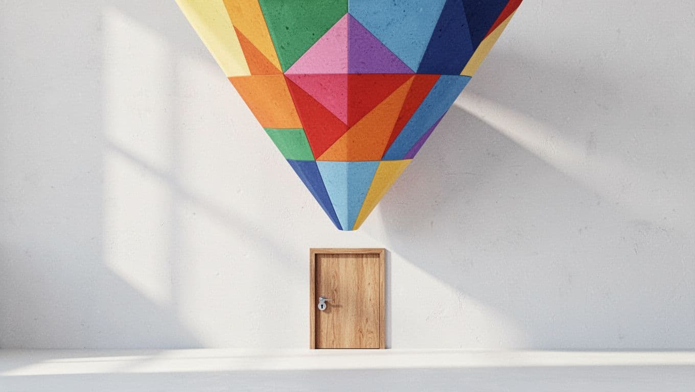 Vibrant translucent spheres and cubes drift downward through a minimalist conical structure toward a solid locked door. These colorful shapes create a layered flow pattern against a crisp white background.