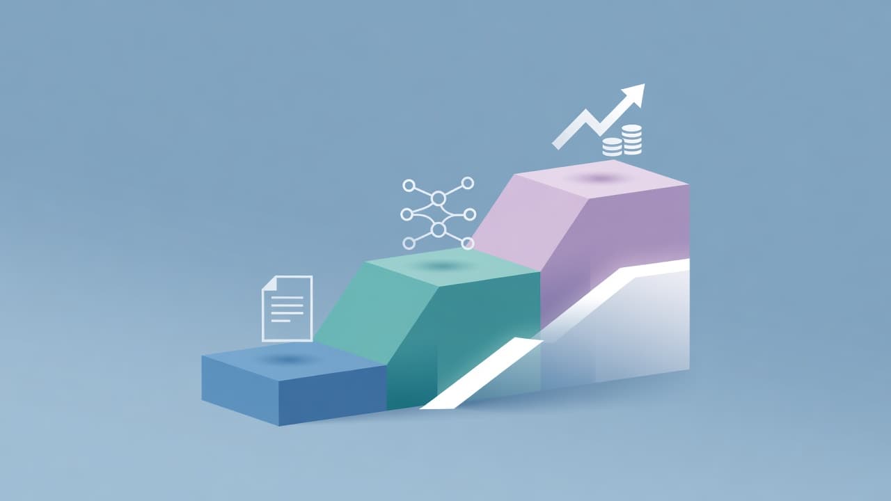 Three ascending geometric platforms rise against a soft background. Each tiered level features stylized floating icons that symbolize audience growth, community engagement, and recurring revenue streams through clean, modern graphic shapes.