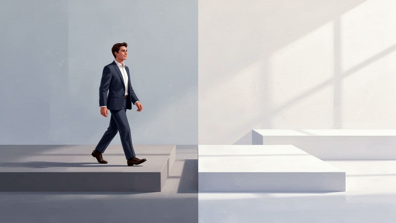 Sharp lines define two distinct abstract platforms rendered in soft professional colors. A central path connects a subdued grey area to a vibrant, orderly workspace symbolizing a successful site transition.
