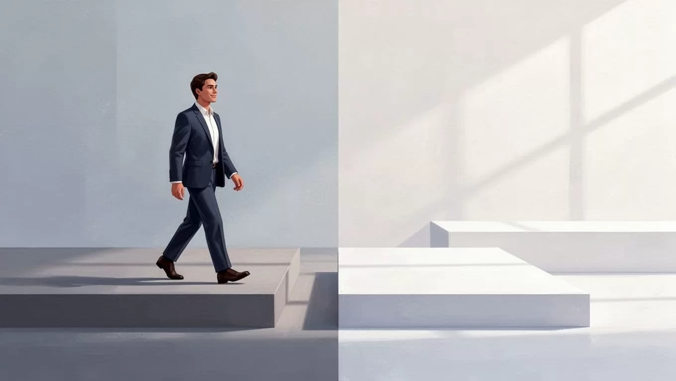 Sharp lines define two distinct abstract platforms rendered in soft professional colors. A central path connects a subdued grey area to a vibrant, orderly workspace symbolizing a successful site transition.