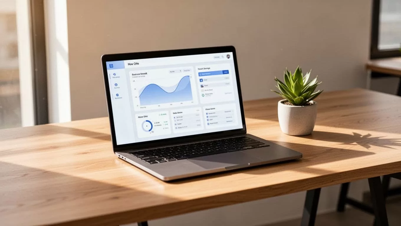 A minimalist wooden desk holds an open laptop displaying a membership portal interface. Soft sunlight highlights a small green plant placed neatly on the side, creating a clean, professional aesthetic.