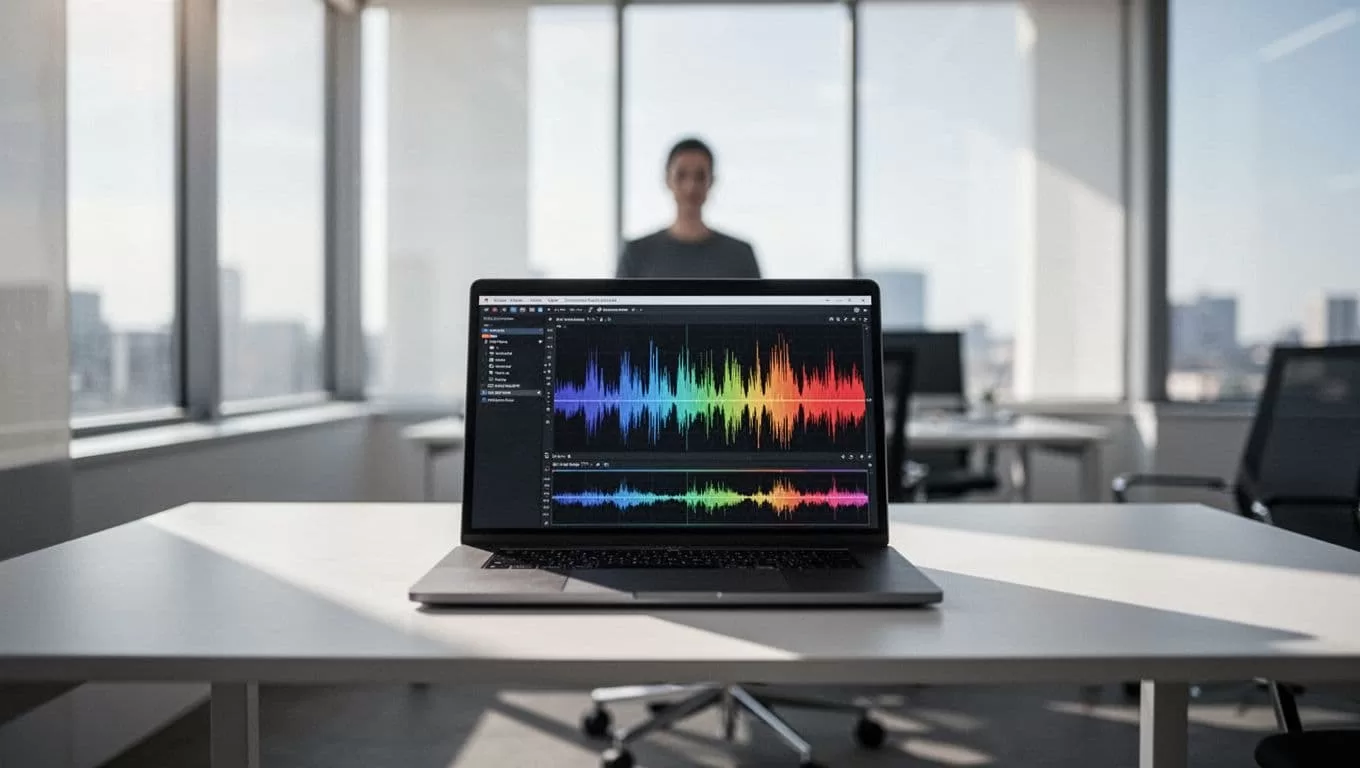 A sleek laptop showing audio waveforms on a minimal desk in a bright office.