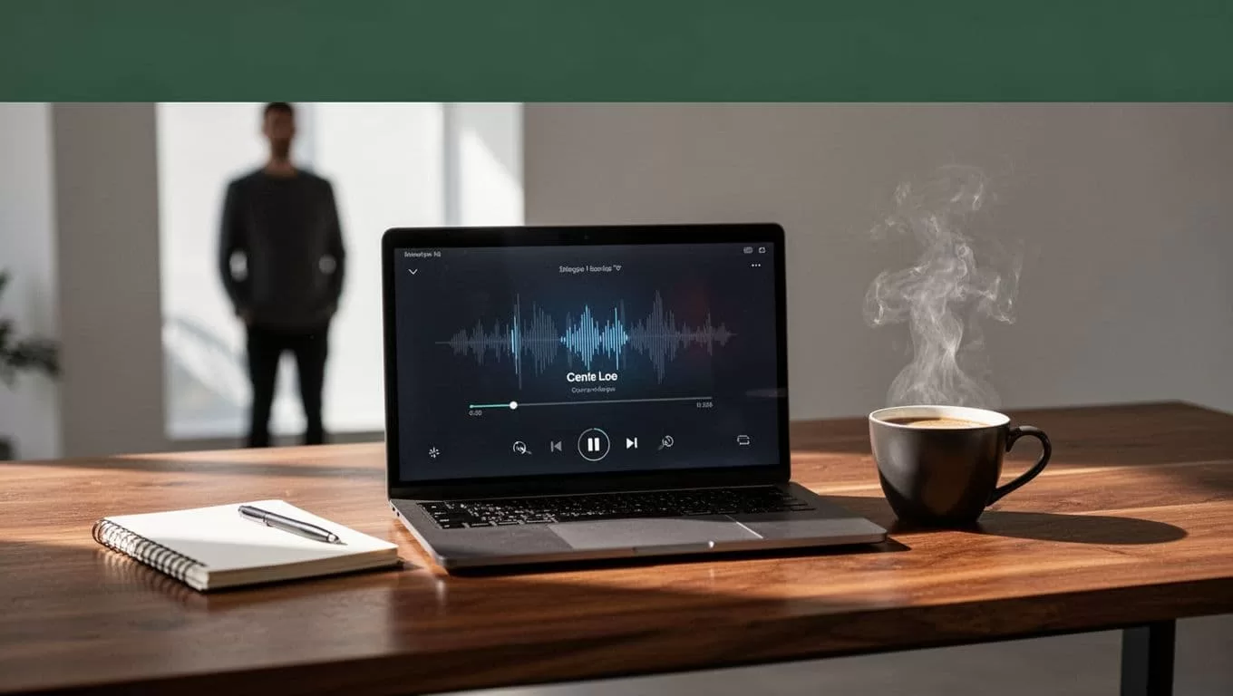 An open laptop with an audio waveform on screen rests on a wooden desk next to a coffee mug.