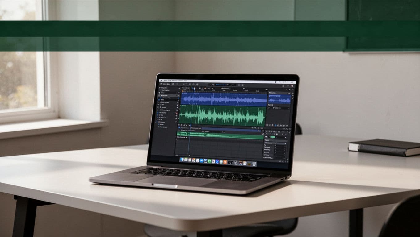 An open laptop displaying audio software on a clean minimalist desk.