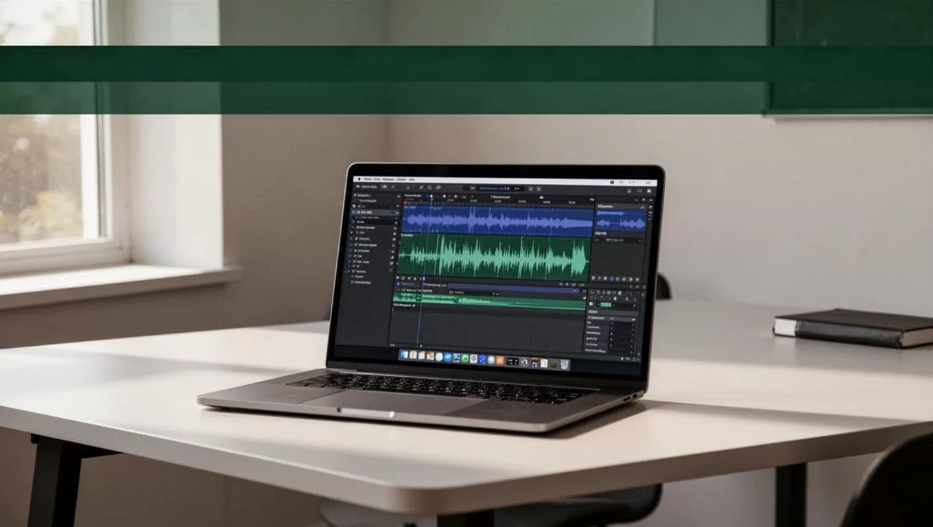 An open laptop displaying audio software on a clean minimalist desk.