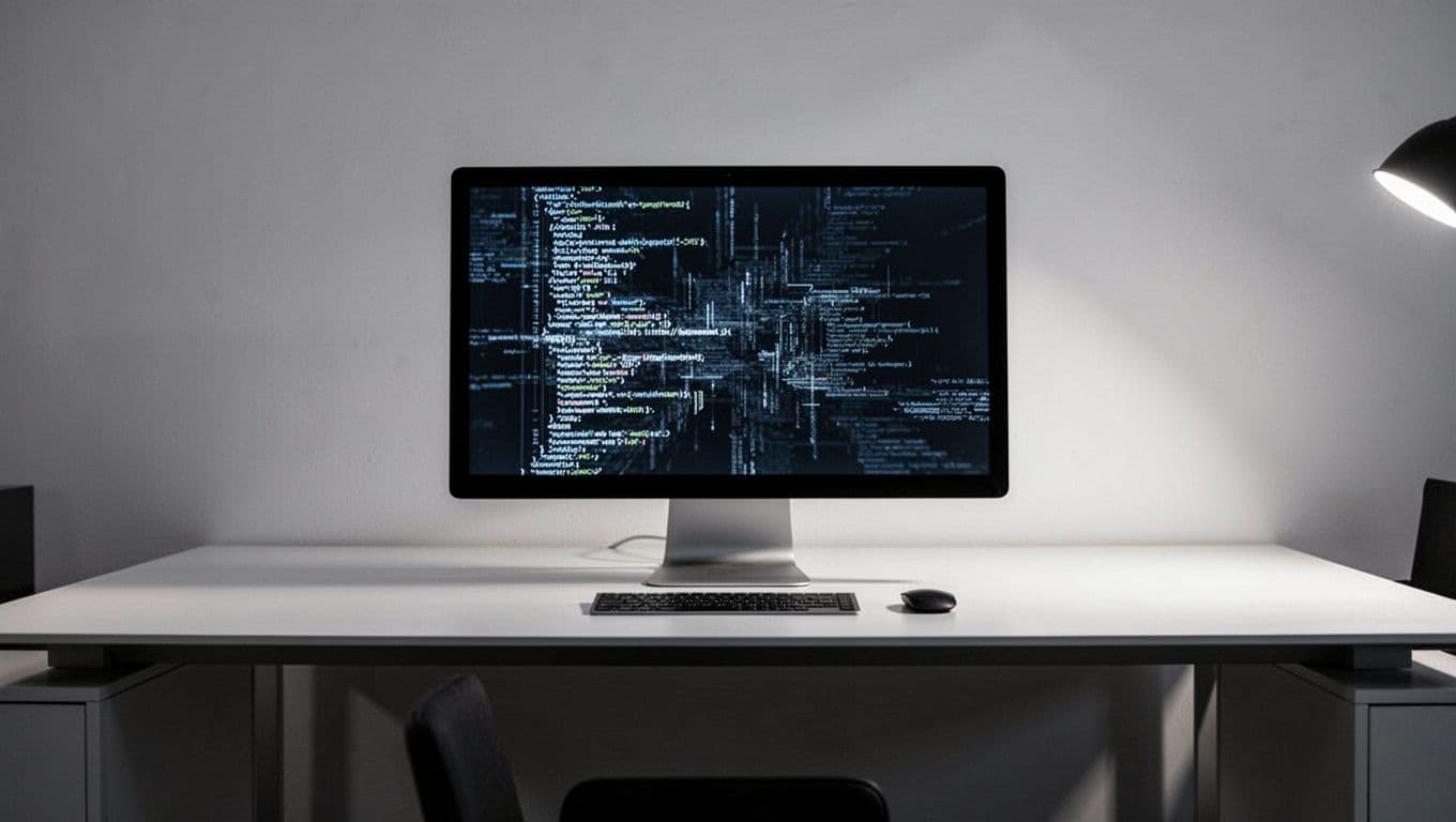 A computer monitor displaying programming code on a minimalist desk under soft lighting.