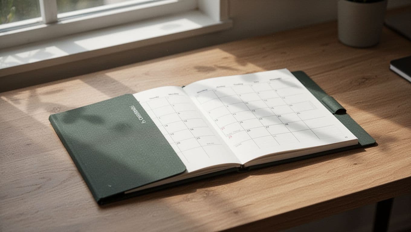 A clean paper calendar lies flat on a dark green workspace surface near a soft light source. The organized aesthetic highlights a professional system for scheduling upcoming social media content posts.