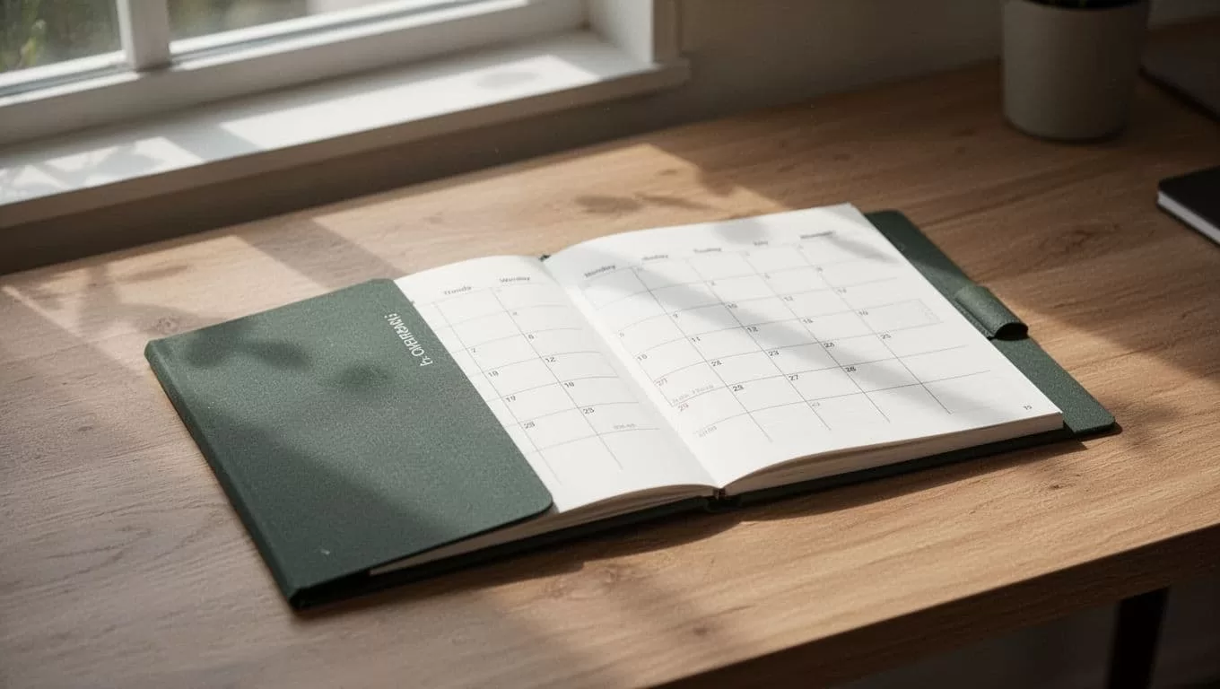 A clean paper calendar lies flat on a dark green workspace surface near a soft light source. The organized aesthetic highlights a professional system for scheduling upcoming social media content posts.