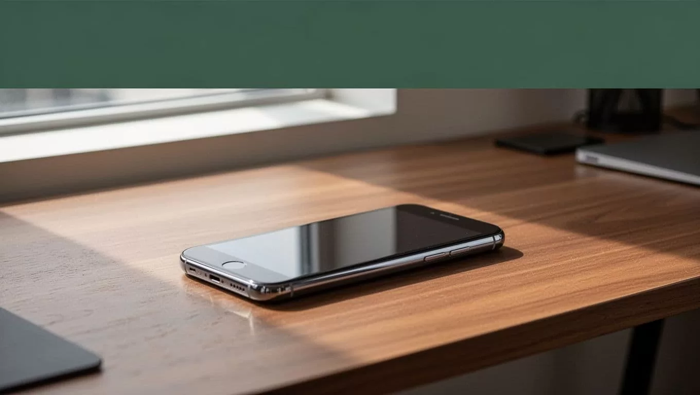 A smartphone resting on a wooden desk with a minimalist aesthetic and a dark green brand stripe.