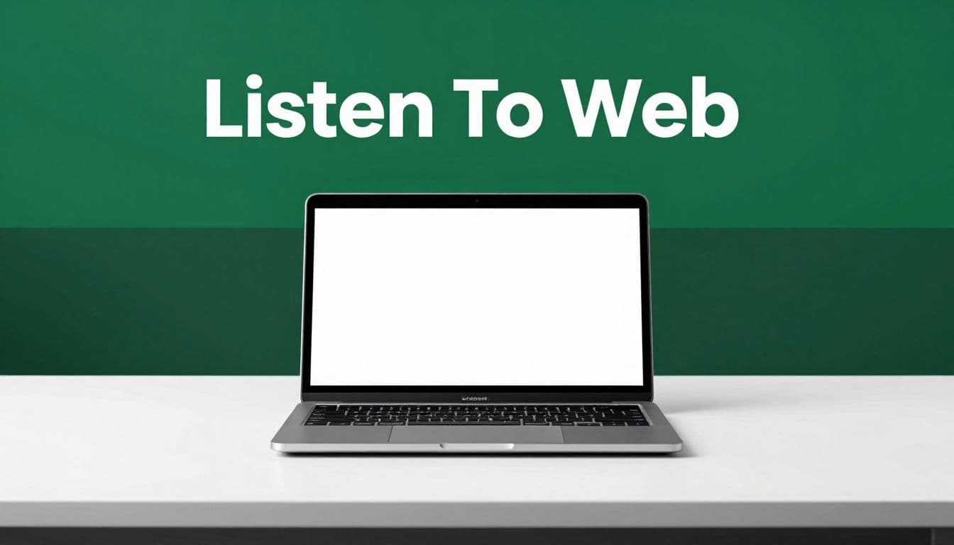A sleek silver laptop sits centered on a clean white desk under studio lighting. A dark green header strip featuring the text Listen To Web sits prominently above the desktop workspace.