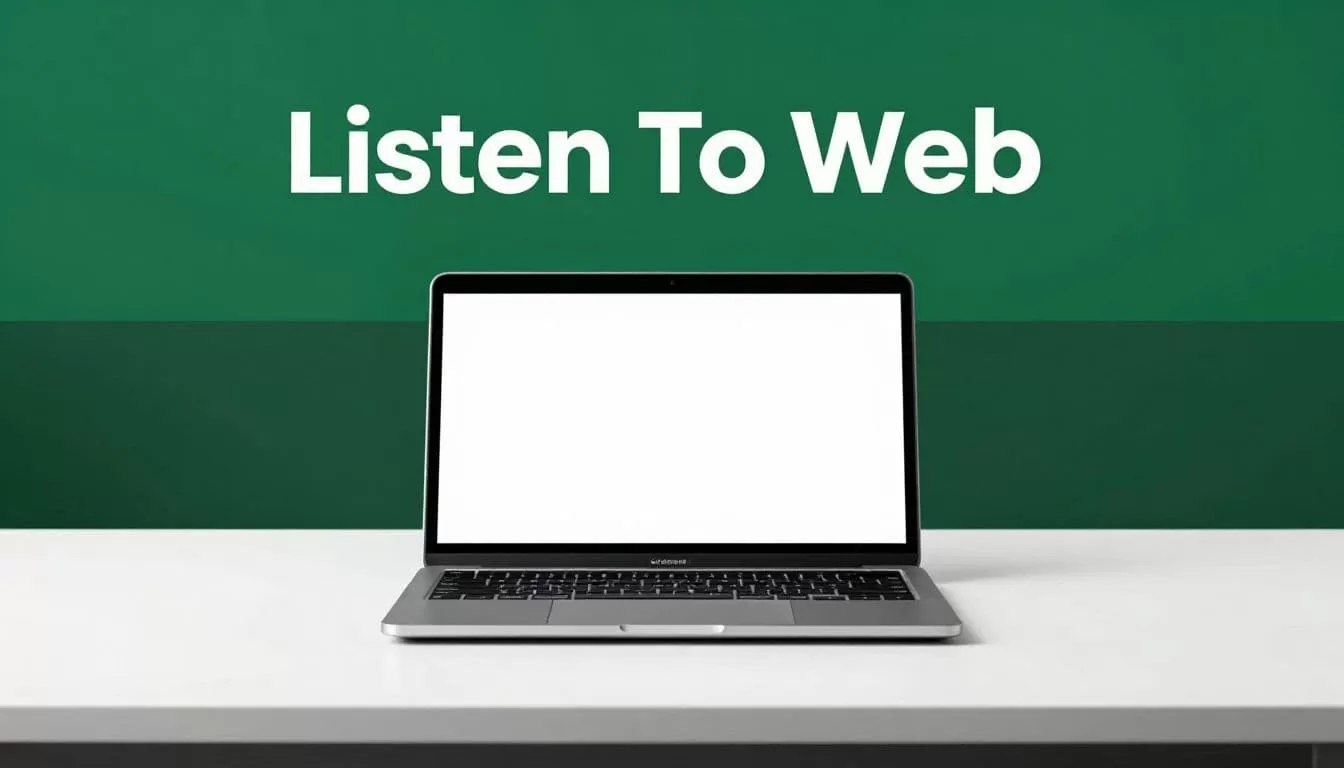 A sleek silver laptop sits centered on a clean white desk under studio lighting. A dark green header strip featuring the text Listen To Web sits prominently above the desktop workspace.