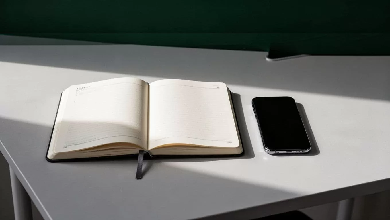 A clean desk surface holds a single open leather-bound notebook and a modern smartphone. A bold dark-green banner spans the upper frame, displaying crisp white text against a high-contrast background.